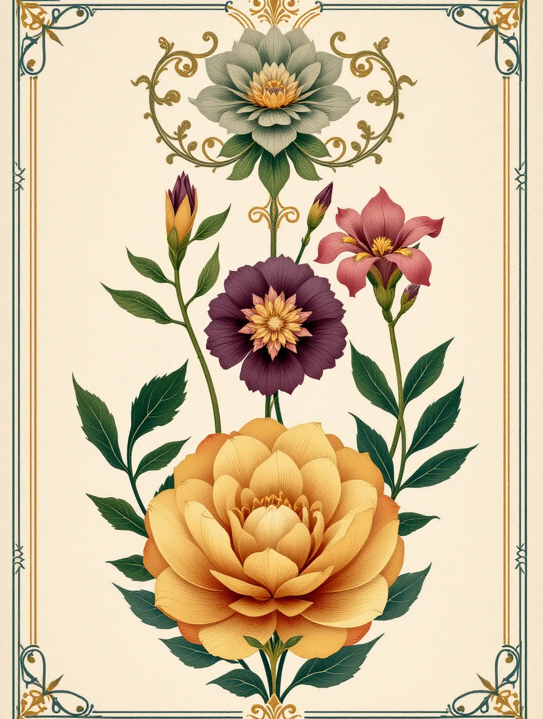 Art Nouveau cascade illustration of four botanical roundels connected by sage-green whiplash stems, representing GHRH-receptor through pulsatile GH release