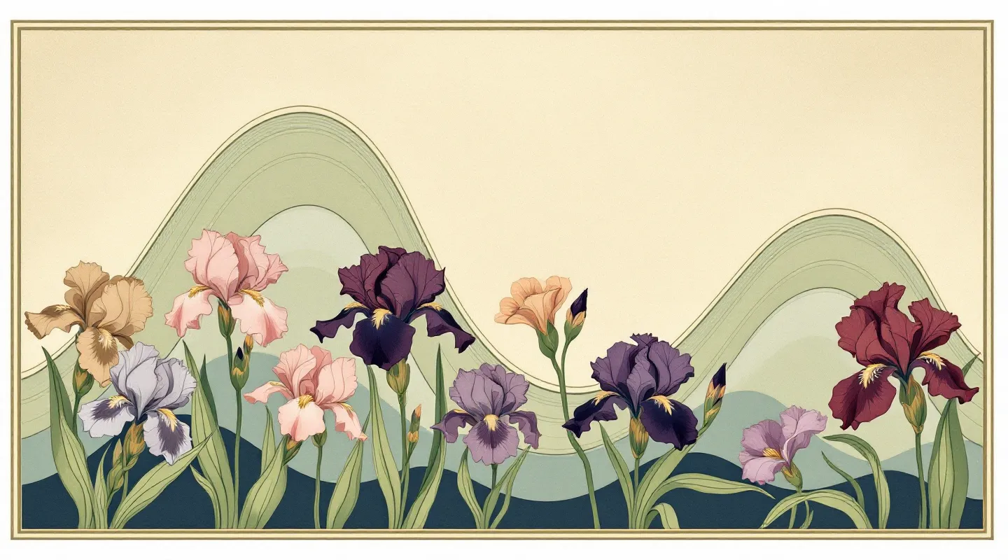 Art Nouveau botanical illustration of four pulsatile-rhythm peaks anchored by stylized iris flowers in dusty-rose and plum, against a soft period-sky-blue nocturnal background