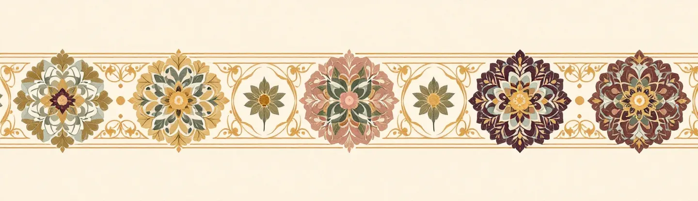 Art Nouveau ornamental frieze of twenty floral citation markers in alternating sage, rose, gold, and plum, framed by gold whiplash borders