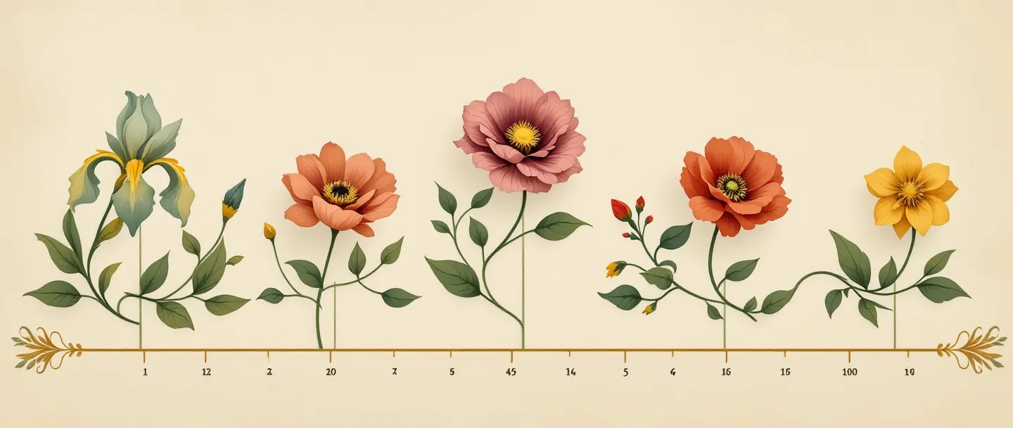 Art Nouveau timeline illustration of five botanical milestone markers along a sage whiplash vine, representing sermorelin's regulatory history