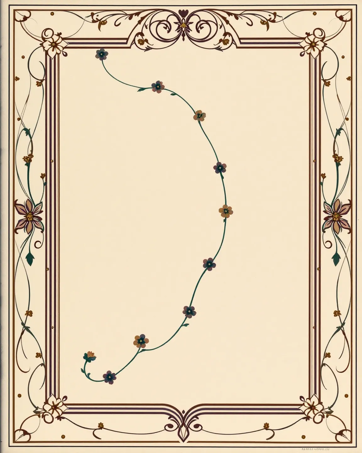 Art Nouveau botanical cartouche illustration of the GHRH(1-29) peptide rendered as a stylized sinuous vine with 29 floral knot points, in sage-green, dusty-rose, and antique-gold on ivory